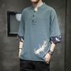 Camiseta Manga Curta 2022 Masculina Estilo Chinês Bordado de Grou Fina Gola Vertical Solta Fivela Retrô Manga Curta Camiseta Retrô Manga Curta Roupa Masculina