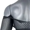 Lencería Sexy Elástica de Una Pieza para Hombre Red de Pesca Gay Manga Larga Mallas de Cadera Cuello en V Ropa Erótica Negra
