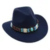 Estilo Étnico Transfronterizo Sombrero Fedora Vaquero Occidental Turquesa Sombrero de Monta Jazz Ala Enrollada Sombrero de Fieltro Sombrero de Sol Artístico Retro
