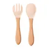 Directamente del fabricante: cucharas y tenedores suaves de silicona de grado alimenticio, utensilios para alimentos complementarios para niños, juego de entrenamiento de cuchara y tenedor con mangos de madera