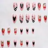 Unhas Portáteis Europeias e Americanas Mais Vendidas na Fronteira, Xadrez Doce e Cool, Moranguinhos, Corações de Cereja Fofos, Unhas Postiças Longas Amêndoa Atacado