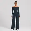 Conjunto de fitness transfronteiriço: top justo de manga longa ombro a ombro, calça reta de cintura alta que levanta o bumbum, conjunto de yoga para esportes ao ar livre para mulheres