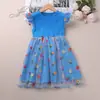 Vestido popular para meninas transfronteiriço com manga pitada voadora e saia de malha bordada, novo de verão para crianças, vestuário infantil de comércio exterior