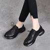 Sapatos Femininos de Camada Única 2023 Primavera Novo Bico Redondo Planos com Cadarço Mocassins Estilo Britânico Couro Bovino de Camada Superior Confortáveis Sapatos Pequenos de Couro