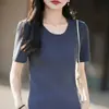 Nova camiseta de verão 100% algodão com gola redonda e listras de manga curta para mulheres, top básico de tricô slim fit estilo coreano moderno para mulheres