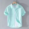 Extremamente linho fresco básico casual manga curta camisa de linho de algodão masculino estilo japonês verão solto camisa de linho artístico para a juventude
