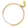 Pulseira Simples de Presente para Namorada de Meninas Corrente Banhada a Ouro Aço Titânio Beads de Pérola de Água Doce Estilo Retrô Resistente à Cor Joia de Mão