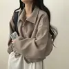 Jaqueta Curta Casual Chic Coreana de Outono e Inverno Estilo Francês Juvenil com Bolsos Duplos, Zíper, Gola Lapela e Cordão na Cintura para Mulheres