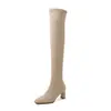Botas altas ajustadas de gamuza para mujer, nuevo estilo otoño e invierno, punta cuadrada, cremallera lateral, tacón alto grueso, botas altas elásticas para mujer