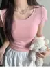 Camiseta gris de algodón puro con cuello en U y manga corta para mujer, nuevo estilo de verano, corte ajustado, entallada en la cintura, longitud corta, top de cuello en U grande