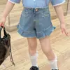 Verão 2024 Estilo Coreano Roupa Infantil Nova Chegada Meninas Estilo College Camisa com Padrão Vertical Renda Gola Pontuda Manga Bufante Camisa