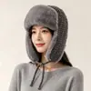 Gorro Lei Feng forrado de polar con protección para las orejas para mujer, gorro tejido grueso de felpa para otoño e invierno, gorro cálido, a prueba de viento y resistente al frío para exteriores