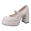 Sapatos Mary Jane Elegantes de Couro Estilo Coreano para Mulheres, Novo Modelo do Festival da Primavera de 2026, Salto Bloco, Laço, Tira Única, Salto Alto, Branco
