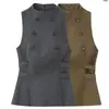 Ropa Europea y Americana Transfronteriza para Mujer INS Celebridad de Internet Artículo Popular Top sin Mangas de Botones Doble Botonadura Verde Oliva Gris Otro Piel de Conejo