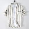 L887 Camisa Masculina Casual Listrada Retrô Estilo Japonês Manga Curta Solta Meia Manga Camisa Combinando Cores Peça Única Masculina Cabelo