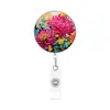 Crachá de identificação do fabricante com tema floral e clipe retrátil, revestimento plástico de fácil fixação, adequado para crachás temáticos florais e de animais para uso transfronteiriço