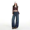 Jeans de pierna ancha de tiro bajo estilo retro americano para mujer, otoño 2026, adelgazantes y que favorecen la figura, pantalones rectos de color azul oscuro