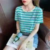 Nueva Camiseta de Manga Corta de Comercio Exterior para Mujer Verano 2025 Nueva Cuello Redondo Elegante Ajustada Manga Corta Rayas Camiseta de Manga Corta Moderna para Mujer