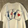 Camiseta de Manga Curta 100% Algodão Estilo Americano com Estampa de Cartas de Baralho para Homens e Mulheres, Blusa Tendência de Manga Meia-Manga Soltinha com Gola Redonda para Casais no Verão