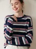 Tricô de Caxemira Colorido com Listras e Gola Redonda Novo para Outono e Inverno para Mulheres, Tricô Fashionável e Casual para Camadas Internas, Tricô Soltinho Estilo Coreano