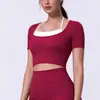 Top de Yoga Mingda Falso Dos Piezas Bloque de Color Manga Corta Cuello en U Muestra las Clavículas Corto Cropped Muestra la Cintura Adelgazante Camiseta Deportiva Fitness