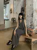 Elegante Conjunto de Traje Retro con Chaleco Gris sin Mangas y Falda de Verano con Abertura para Mujer, Conjunto de Dos Piezas con un Toque de Alta Gama