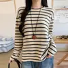Camiseta Listrada de Manga Longa com Gola Redonda Escovada Dupla Face H413 para Mulheres Outono/Inverno Inicial Camada Interna Base Top Solto