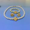 Nuevo Conjunto de Collar de Perlas Redondas, Pulsera y Aretes para Mujer, Collar con Colgante de Flor Rosa Francesa