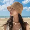 Sombrero de Paja Delgado Tejido Hueco para Mujer, Sombrero de Sol con Protección UV para Viajes de Verano, Adelgazante del Rostro, Sombrero de Sol Elegante y Versátil