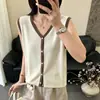 Chaleco de punto de color de contraste con cuello en V para mujer, prenda exterior de verano, cárdigan sin mangas, corte holgado, adelgazante, versátil, diseño elegante, top tipo camiseta calado