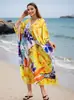 Roupas de Proteção Solar com Estampa Digital Transfronteiriça Europeia e Americana para Mulheres, Manga Longa, Decote em V Solto, Saia Longa para Cobertura de Praia, Roupa de Banho para Férias na Costa