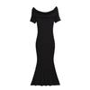 2023 Verão Nova Spice Girl Lapela Off-line Collar Slim-fit Figura Flattering Fishtail Dress Francês Hip Short-sleeved Vestido Longo