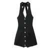Mono corto sin espalda con cuello halter y botones de perla, falda-pantalón blazer sin mangas para mujer madura que ciñe la cintura, chica hot de deseo puro en stock