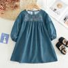 Vestido de Princesa Nuevo Estilo Coreano para Niñas Primavera y Otoño Bordado Imitación Denim Transfronterizo Venta al por Mayor Vestido de Niña Moderno