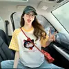 Camiseta holgada de moda con estampado de gato para mujer, popular top casual versátil de bloques de color azul a cuadros con mangas raglán para usar como capa exterior