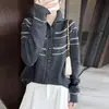 Cardigan de Tricô Gola Alta Listrado Estilo Old Money 100% Lã Pura para Mulheres, Casaco Suéter Quente de Outono e Inverno com Design de Botão