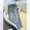 Jeans rectos de color claro para mujer, nuevo diseño de verano 2026, pantalones cropped elásticos de cintura alta para figuras petite