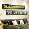 Pintura decorativa para sala de estar de estilo vintage francés con textura, pintura para colgar en la pared de fondo de sofá estilo mediados de siglo, mural combinado de franjas horizontales