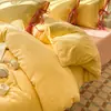 Estilo Coreano Femenino Rosa Cereza Encaje con Cordones Lazo Algodón Puro Juego de Cuatro Piezas Temporada de Regreso a Clases Juego de Tres Piezas para Sábana de Cama de Dormitorio y Funda de Edredón