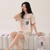 Conjunto de Shorts de Manga Corta de Algodón Puro para Mujer Verano Cuello Redondo Sudadera de Manga Larga Moderno Transmisión en Vivo Transfronterizo Todo Algodón Ropa de Casa Se Puede Usar al Aire Libre