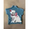 Top de Verão Feminino Novo Retro Europeu e Americano Ins com Gola Alta Estampa Waffle Camiseta de Manga Curta com Peixe Koi Oriental Atacado