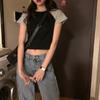 Top de Mujer de Manga Corta con Bloques de Color Estilo Coreano de Cintura Alta Tendencia Ins Versátil Estudiante Verano 2026 Nuevo Crop Top Camiseta para Mujer