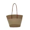 Bolsa de Palha Tecida Listrada Leve com Alça de PU Feminina Grande Capacidade Casual para Praia Compras Ombro