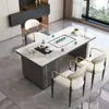 Conjunto de mesa de centro e cadeiras em pedra sinterizada de luxo leve, adequado para escritório, varanda ou uso doméstico; mesa de chá pequena moderna com chaleira de água integrada e estação de chá em pedra