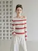 Camiseta de manga larga a rayas con bloques de color, diseño estilo coreano, hombros descubiertos, para mujer, otoño 2026, corte ajustado, top versátil