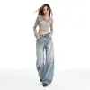 Pantalones Anchos Lavados Estilo Retro Americano para Mujer, Diseño Nuevo de Moda, Ajuste Holgado Versátil, Jeans de Pierna Ancha Adelgazantes