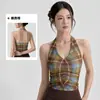 Top de Yoga com Gola Halter Regata Copas Fixas Estampado Esportivo Alças Cruzadas na Frente Pregas Ajuste Slim Roupa Externa Fitness Regata Feminino