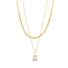 Collar con colgante de diamante cuadrado de acero de titanio, doble capa apilada, cadena de serpiente plana simple, cadena para clavícula de acero inoxidable de moda, personalidad, tendencia