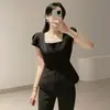 Talla Actualizada Blusa Cuadrada Chic Coreana Estilo Francés con Lazo en la Cintura Camisa de Botones Mangas Abullonadas para Mujer