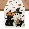 Camino de mesa con estampado de gato negro, calabaza y fantasma de Halloween, decoración para ambiente de fiesta festiva al aire libre, mantel largo